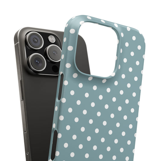 iPhone 16 Pro snap phone case close up - Dusty Blue Polka