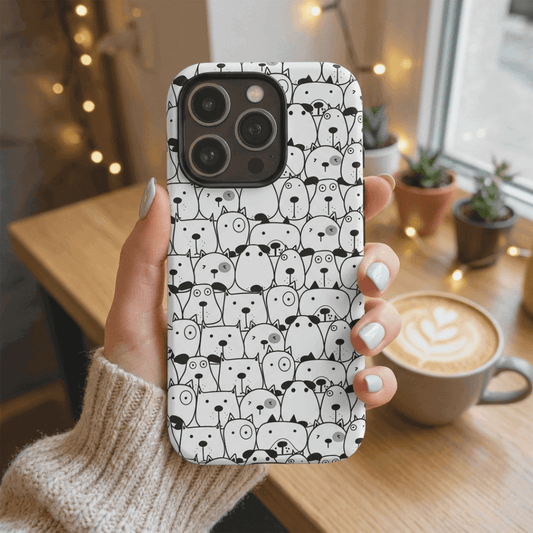 Matte finish dual layer protective tough case for iPhone 16 Pro with puppy sketches in a coy vibe room