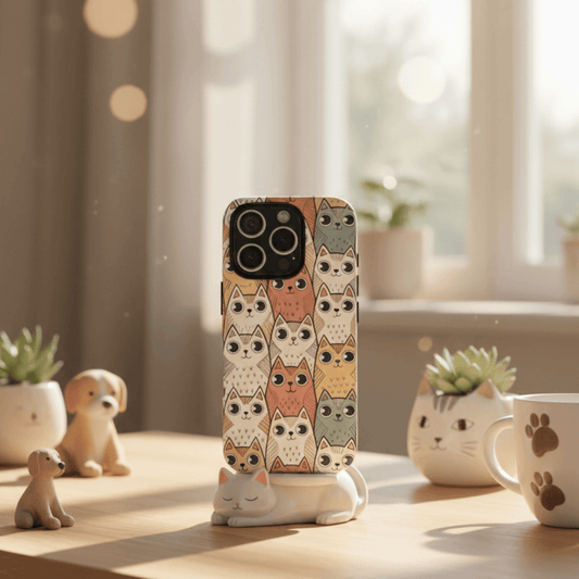 Dual layer protective tough case for iPhone 16 with rainbow kittens print and cute animals deco on the desk