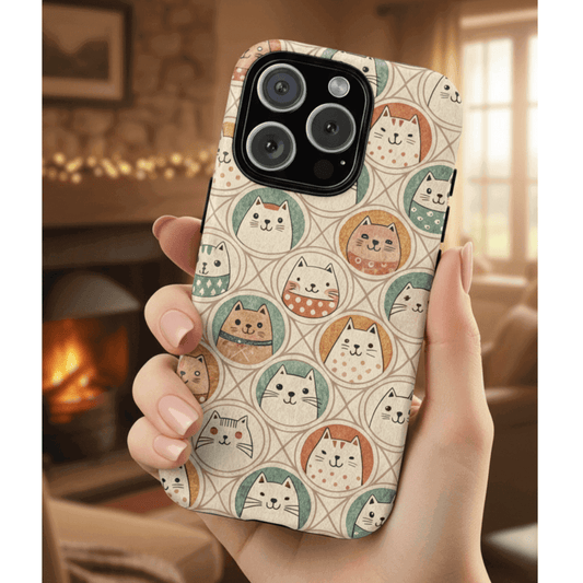 Matte finish dual layer protective tough case for iPhone 16 with cute round kittens