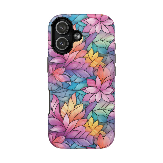 Slim iPhone 17 MagSafe compatible case with a colorful leaded glass bloom pattern