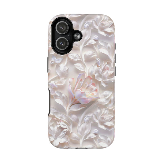 Soft pink floral iPhone 17 magsafe compatible case featuring high definition silk textures