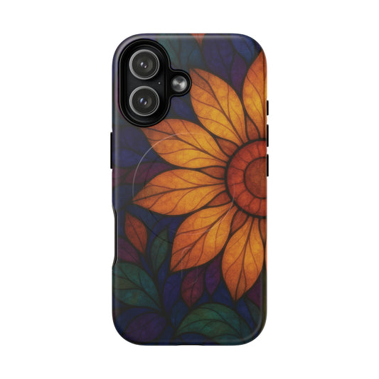 Artistic iPhone 17 magsafe compatible case featuring golden petals and deep purple accents