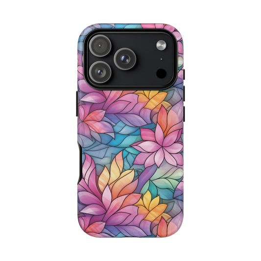 iPhone 17 Pro impact resistant tough case with vivid stained glass botanical art