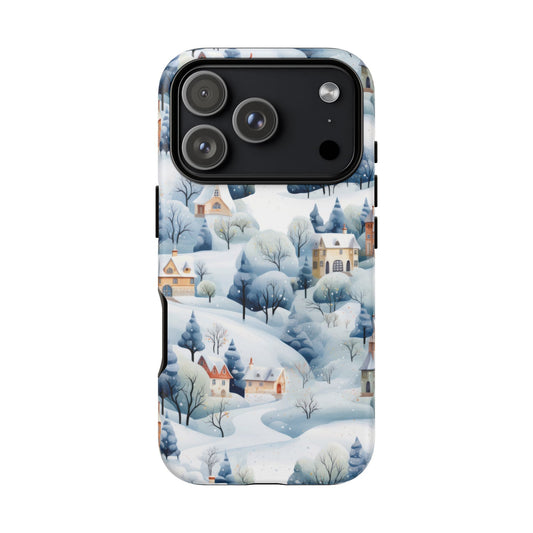 Dual layer protective case featuring a blue winter town illustration for iPhone 17 Pro