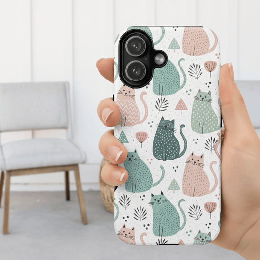 Hand held a matte finish dual layer protective case for iPhone with Hello Cats art