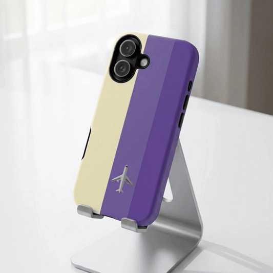iPhone 17 tough phone case with mini plane graphic on purple and beige colors