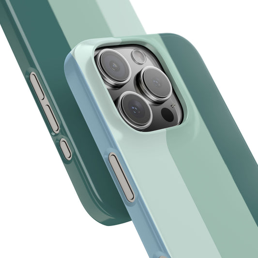 Lightweight polycarbonate case with teal and sage green vertical stripes