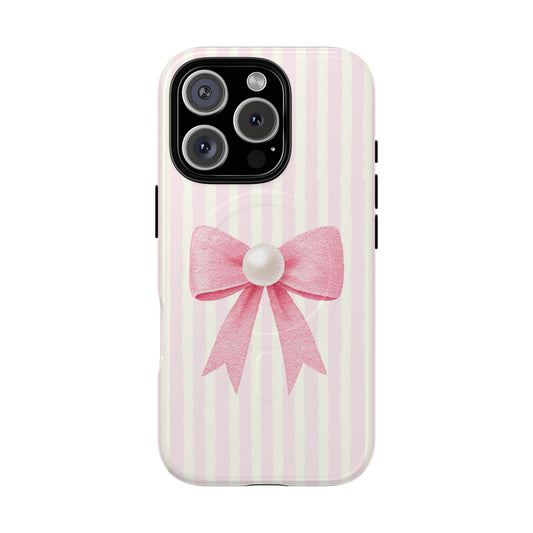 Pink stripe MagSafe phone case with pearl bow