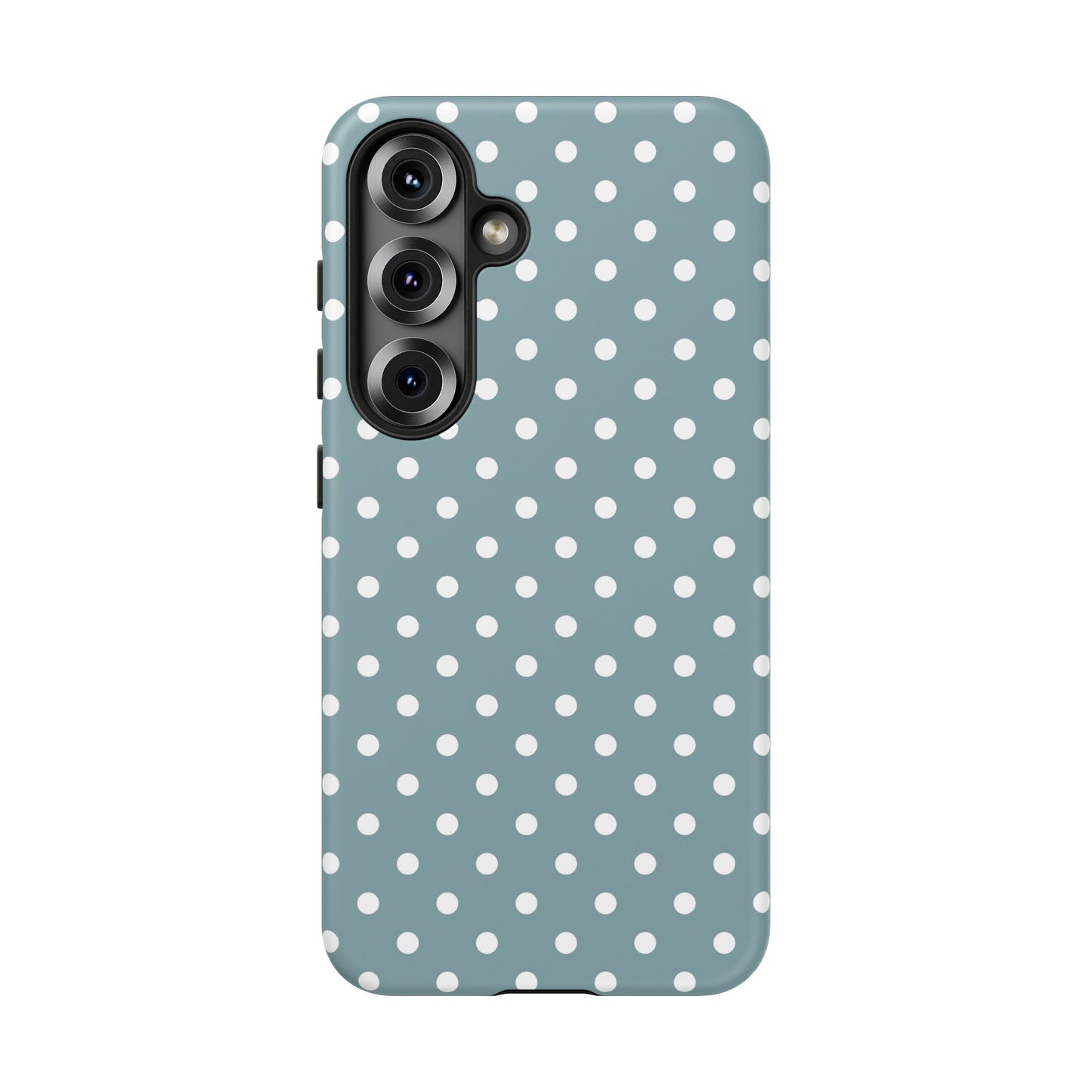 Scratch resistant matte finish on a classic blue polka dot Samsung Galaxy S25 tough case