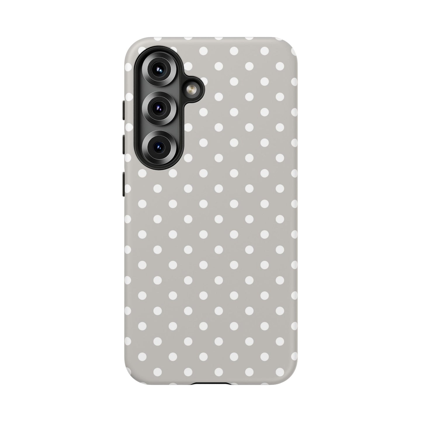 Scratch resistant matte finish on a classic grey polkadot Samsung Galaxy S25 tough case