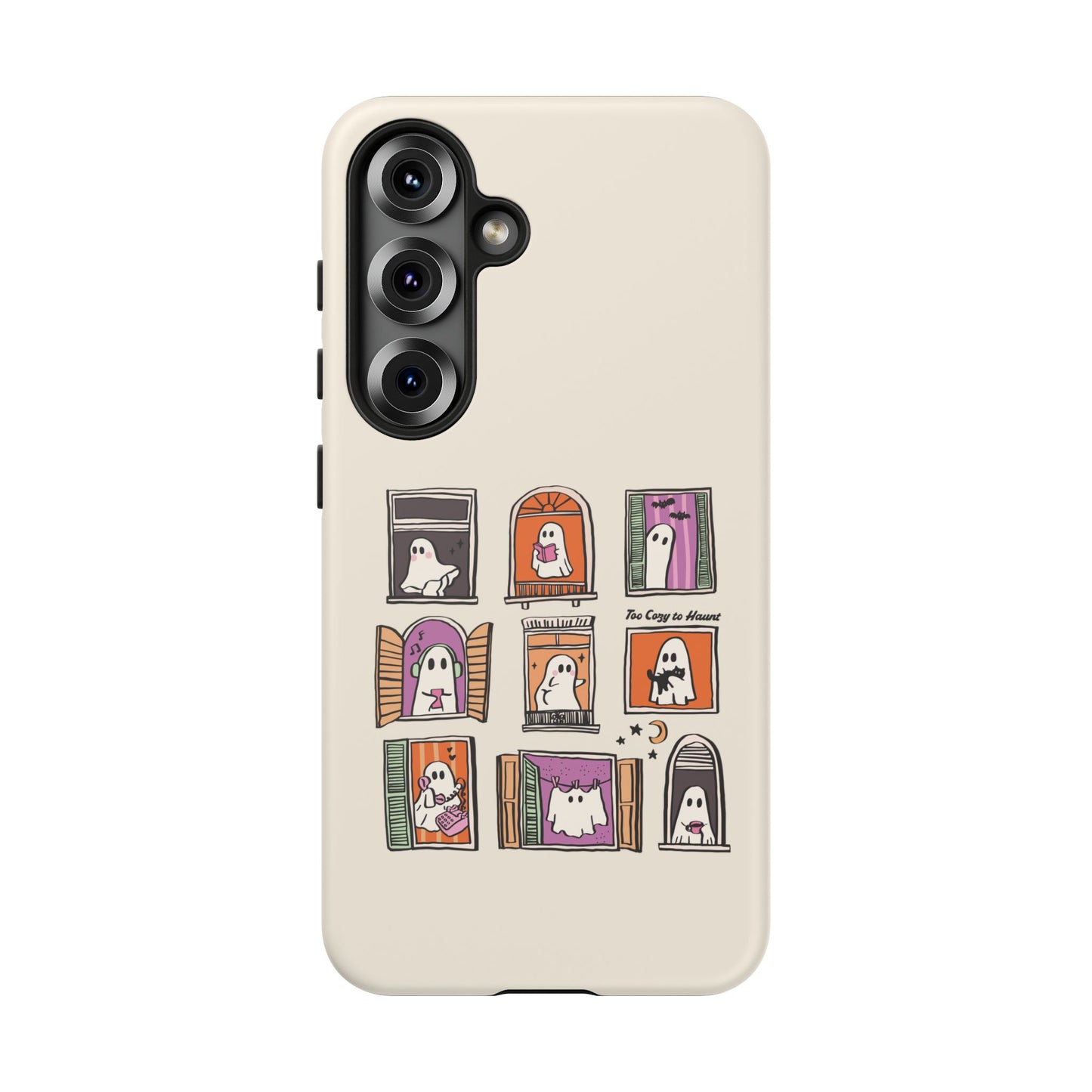 Scratch resistant matte finish on a halloween whimsical ghost pattern Samsung Galaxy S25 tough phone case