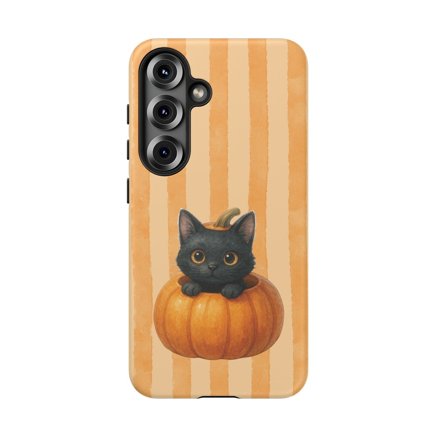 Scratch resistant matte finish on a playful kitty pumpkin Samsung S25 tough phone case