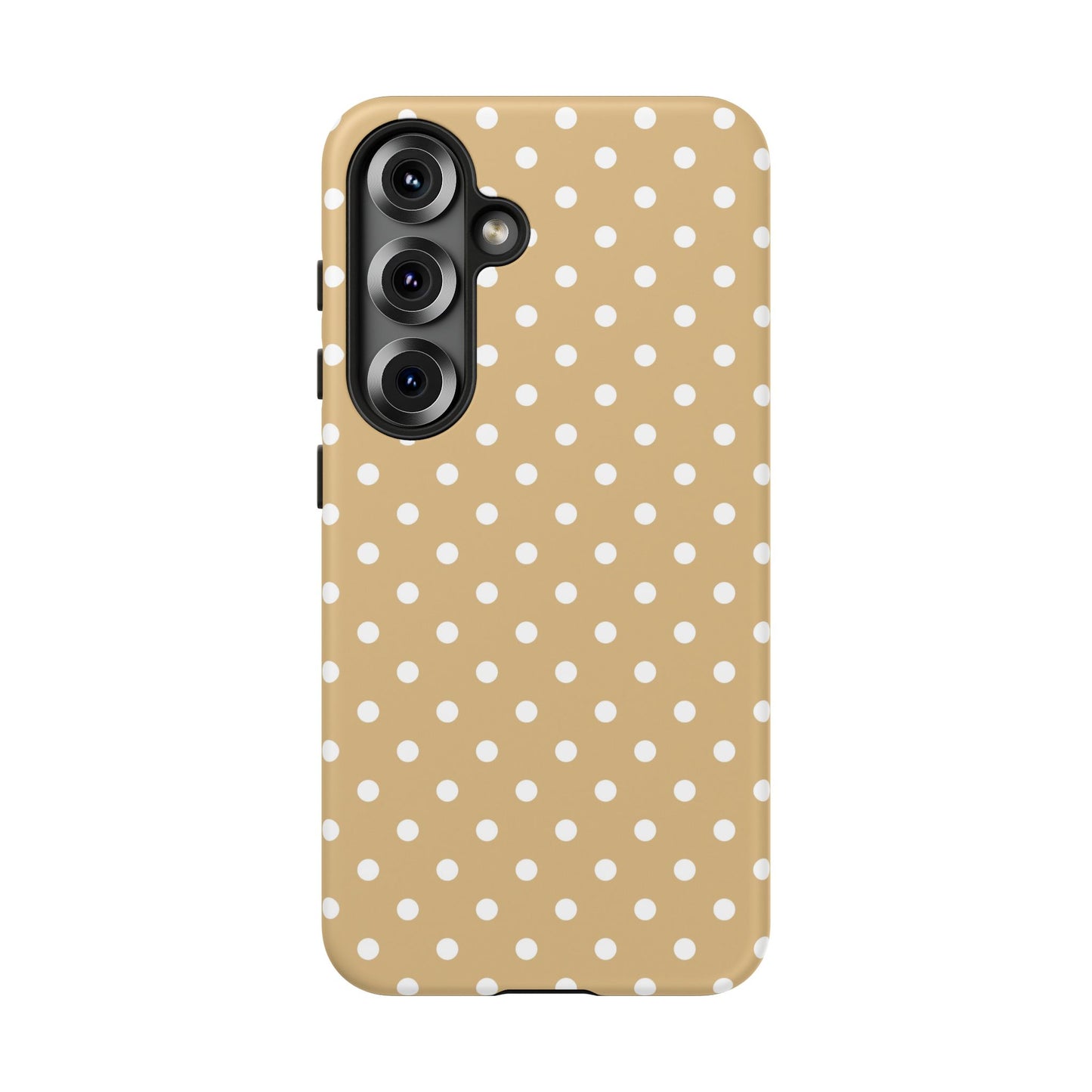 Scratch resistant matte finish on a modern latte polka dot Samsung Galaxy tough case