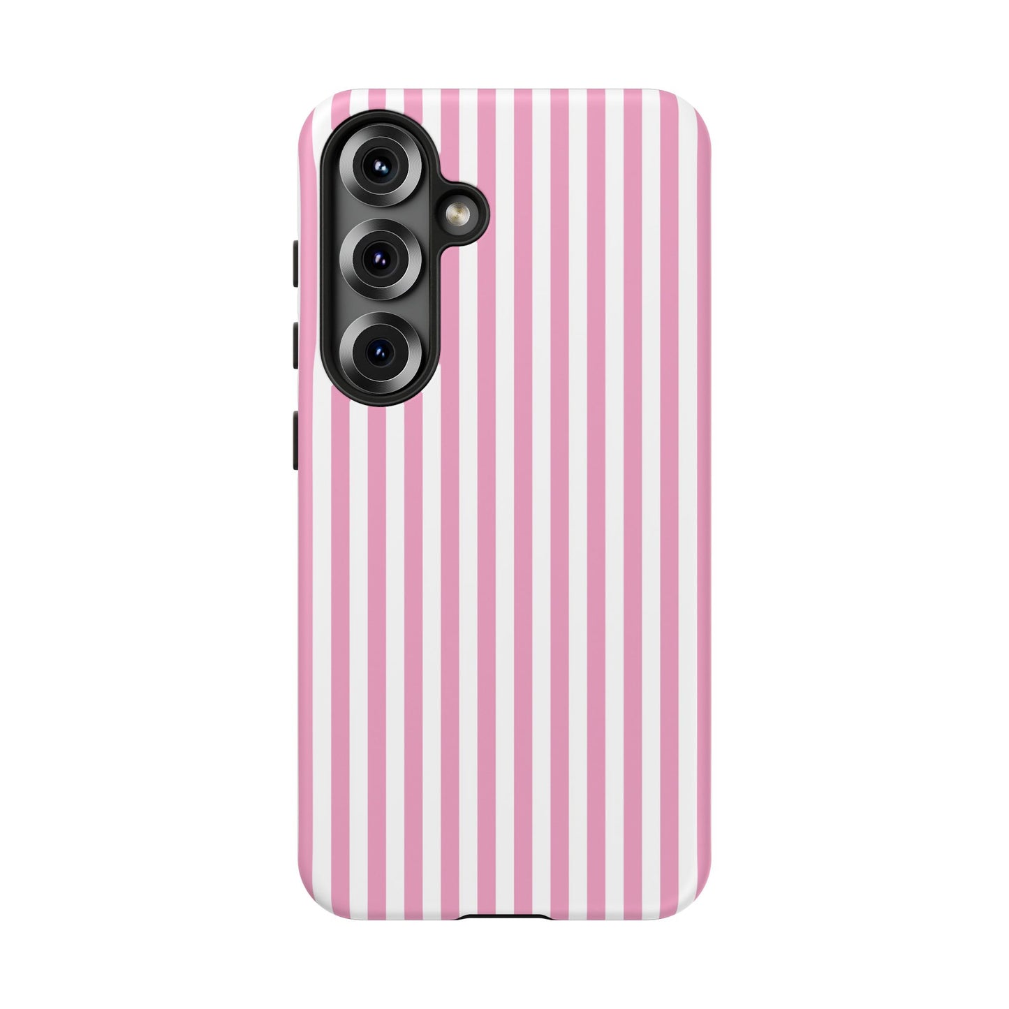 Scratch resistant matte finish on a modern pink striped Samsung Galaxy S25 tough case