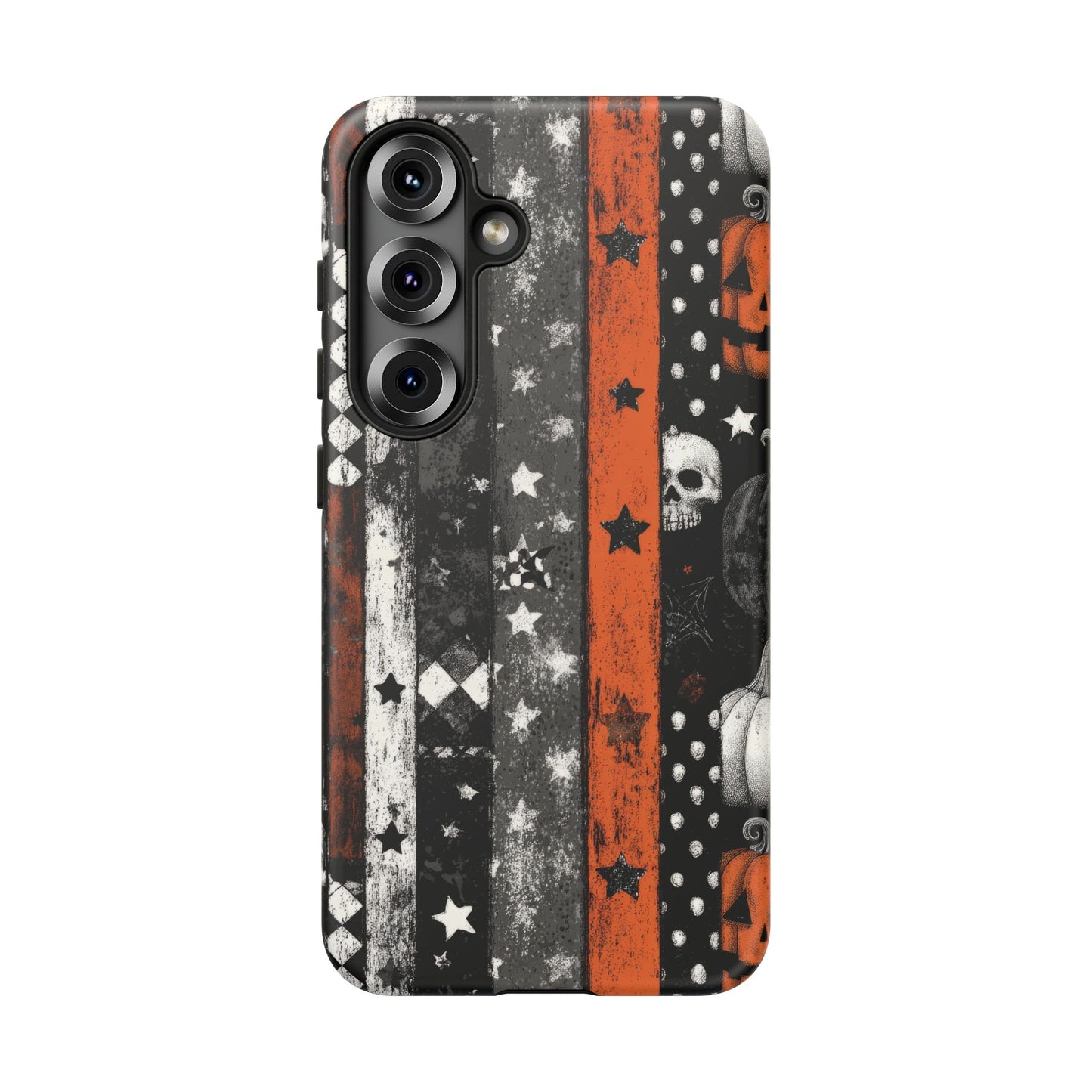 Raised screen edges on a Samsung S25 halloween pumpkin themed tough phone case