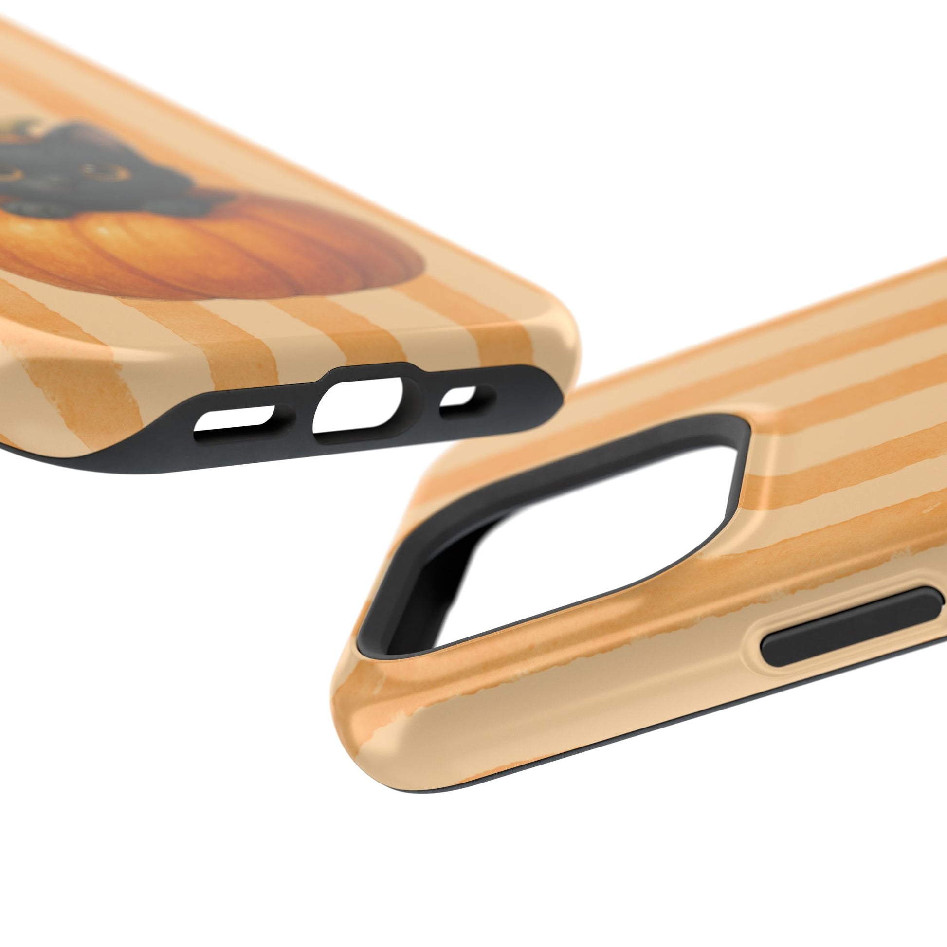 Clear and open ports for connectivity on the Great Pumpkin Kitty tough phone case