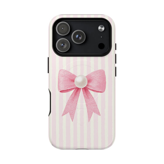 Aesthetic pink ribbon and pearl MagSafe compatible case for iPhone 17 Pro