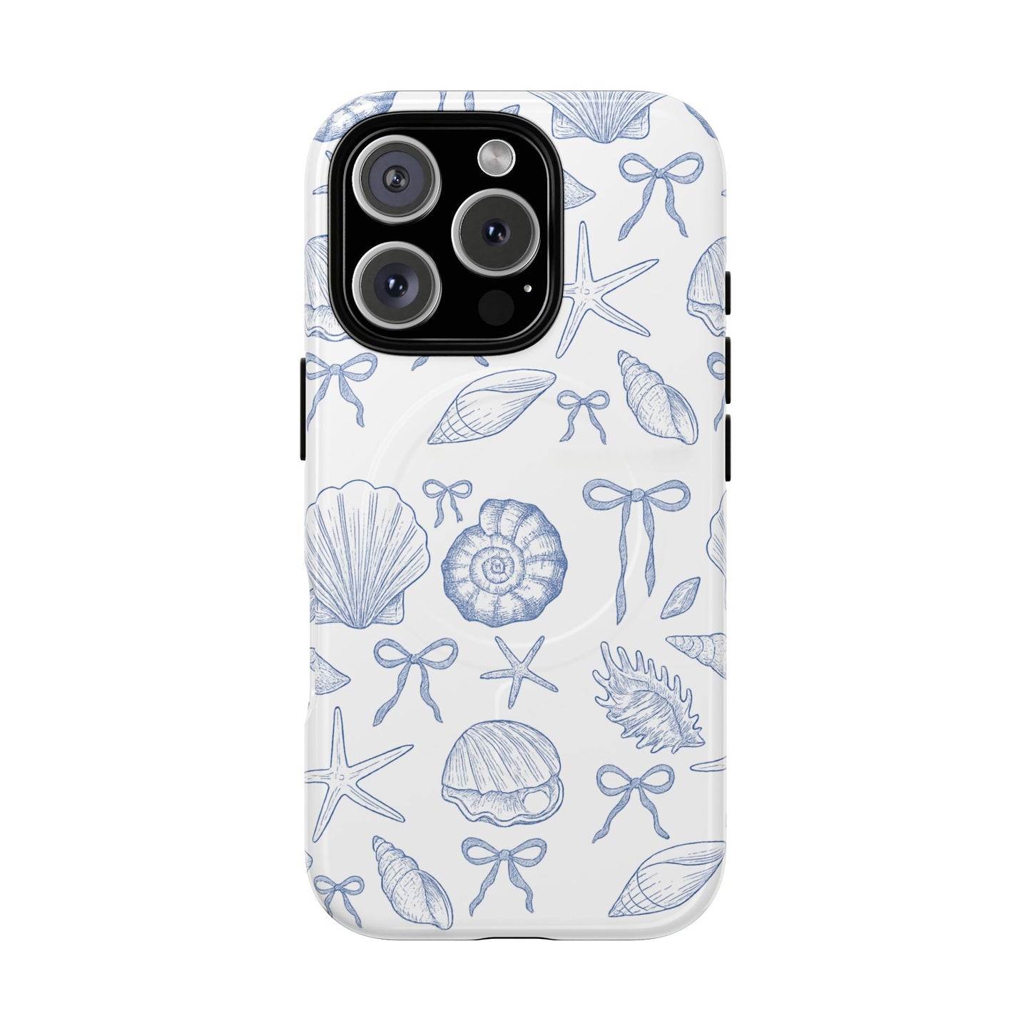 Blue coquette seashell pattern MagSafe compatible phone case for iPhone 16 Pro