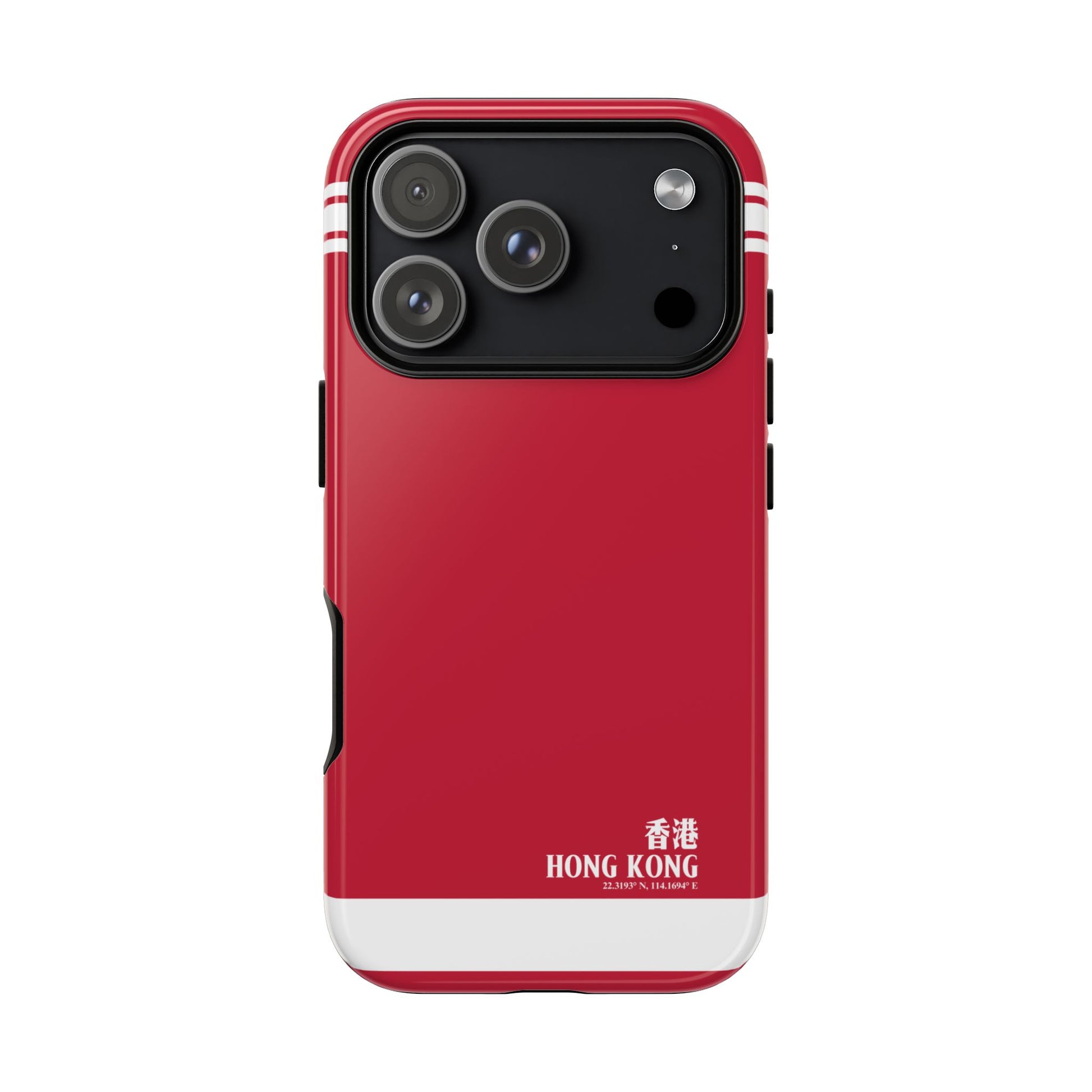 Close up of white stripes and city coordinates on a minimalist design red tough case for iPhone 17 Pro