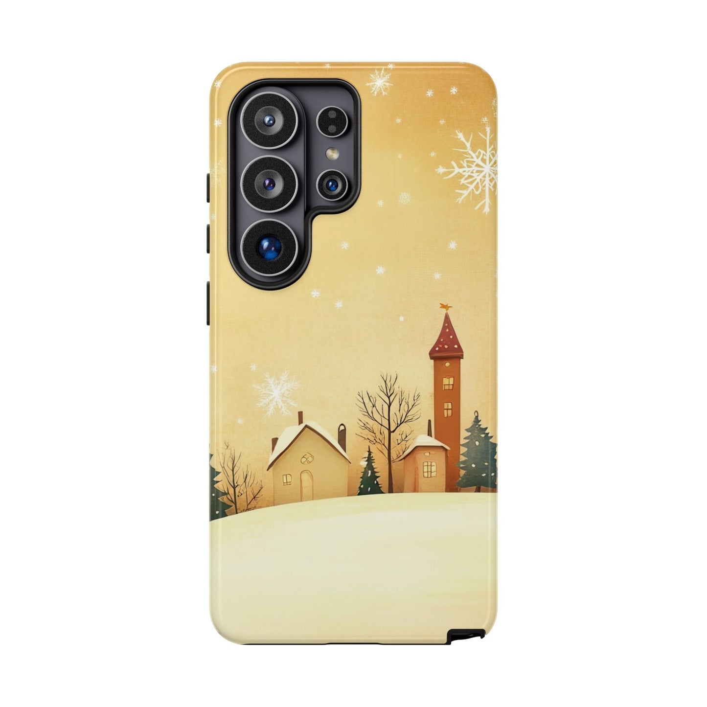 Samsung S26 Ultra tough case with winter holiday design featuring houses on sunset background