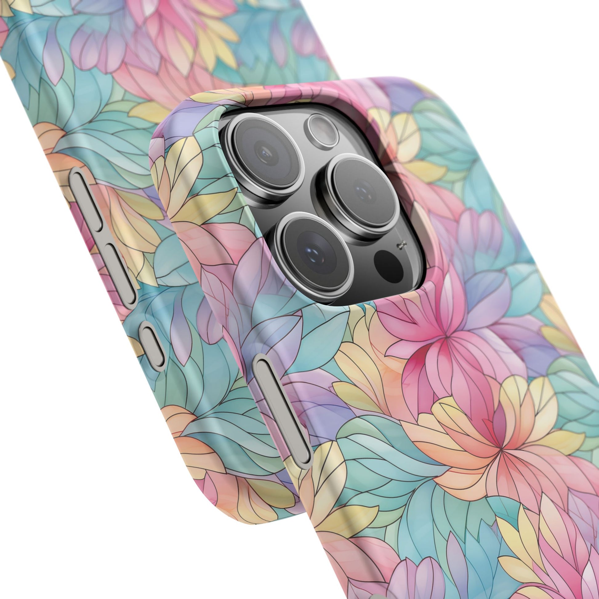 iPhone 16 Pro snap phone case close up - Colourful Flower Stained Glass