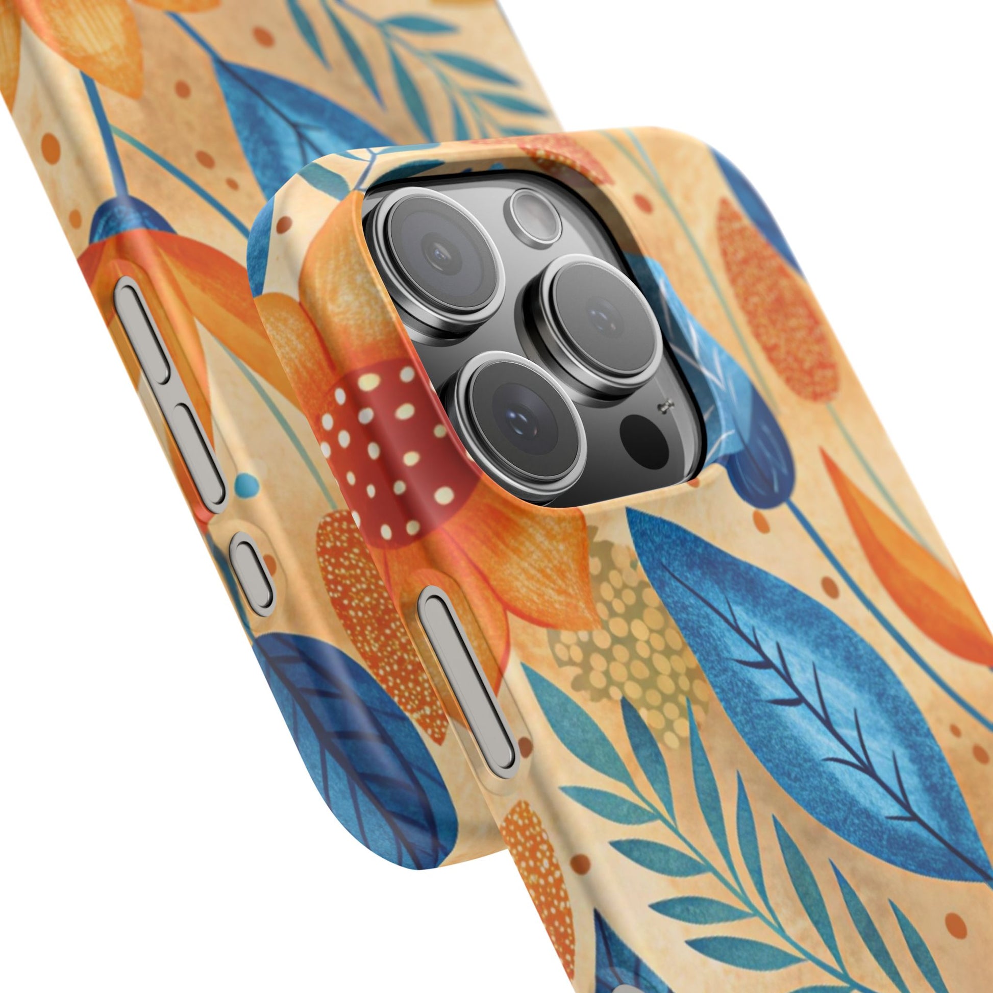 iPhone 16 Pro snap phone case close up - Orange Blue Floral