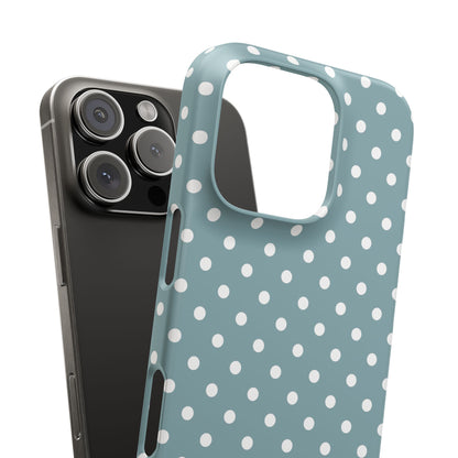 iPhone 16 Pro snap phone case close up - Dusty Blue Polka