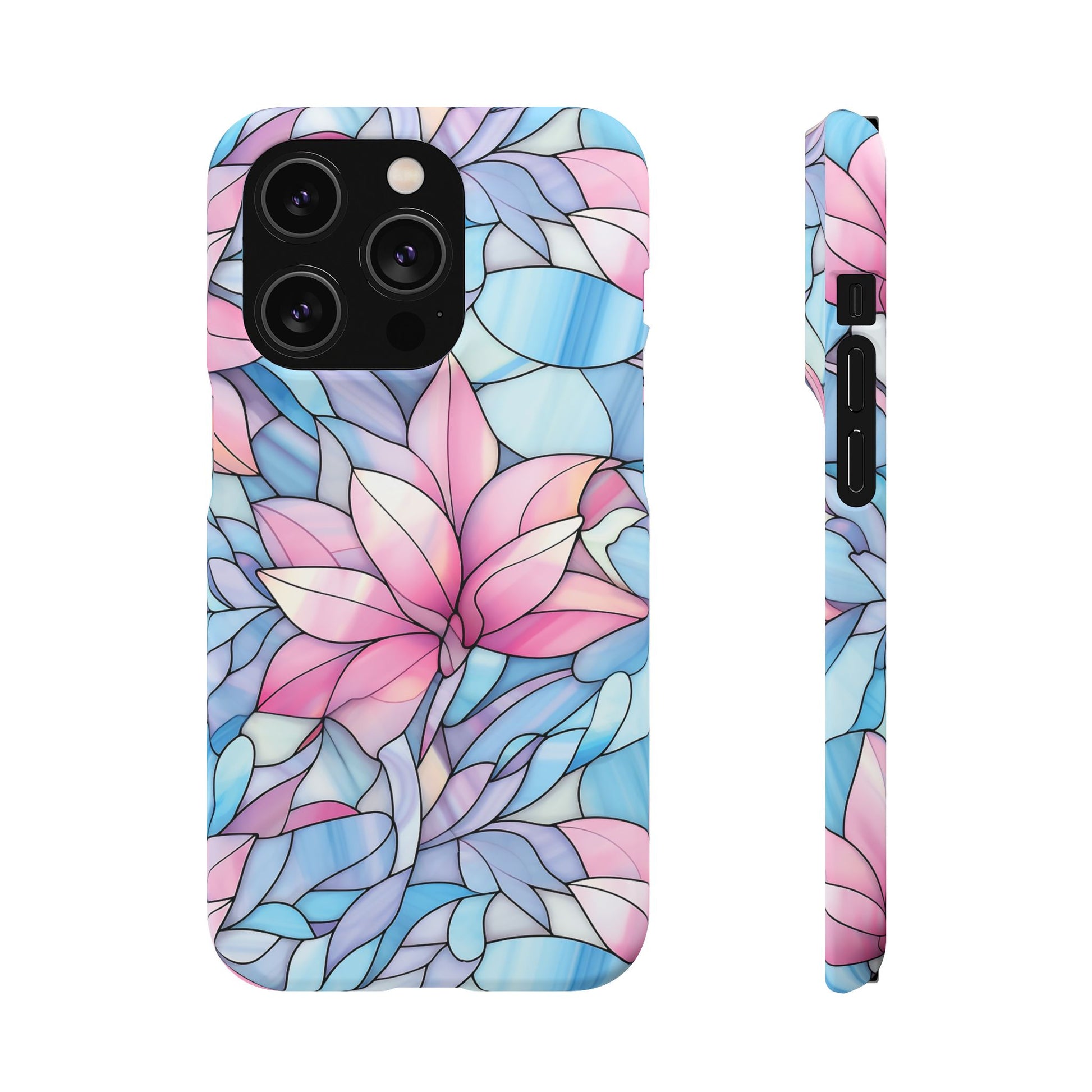 iPhone 14 Pro snap phone case - Pink Flower Stained Glass