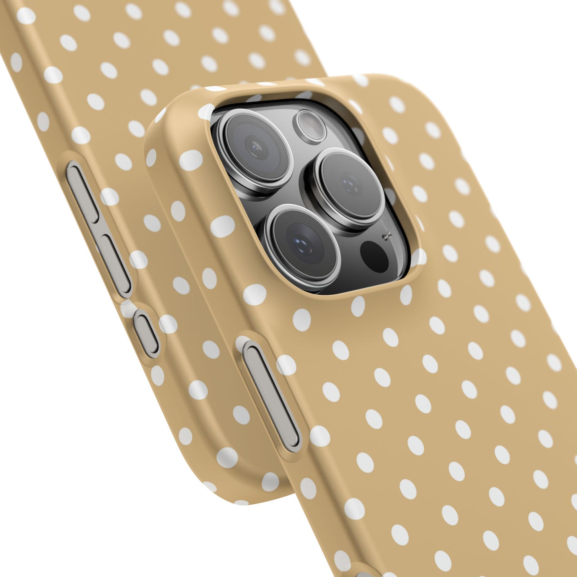 iPhone 16 Pro snap phone case close up - Latte Polka Dot