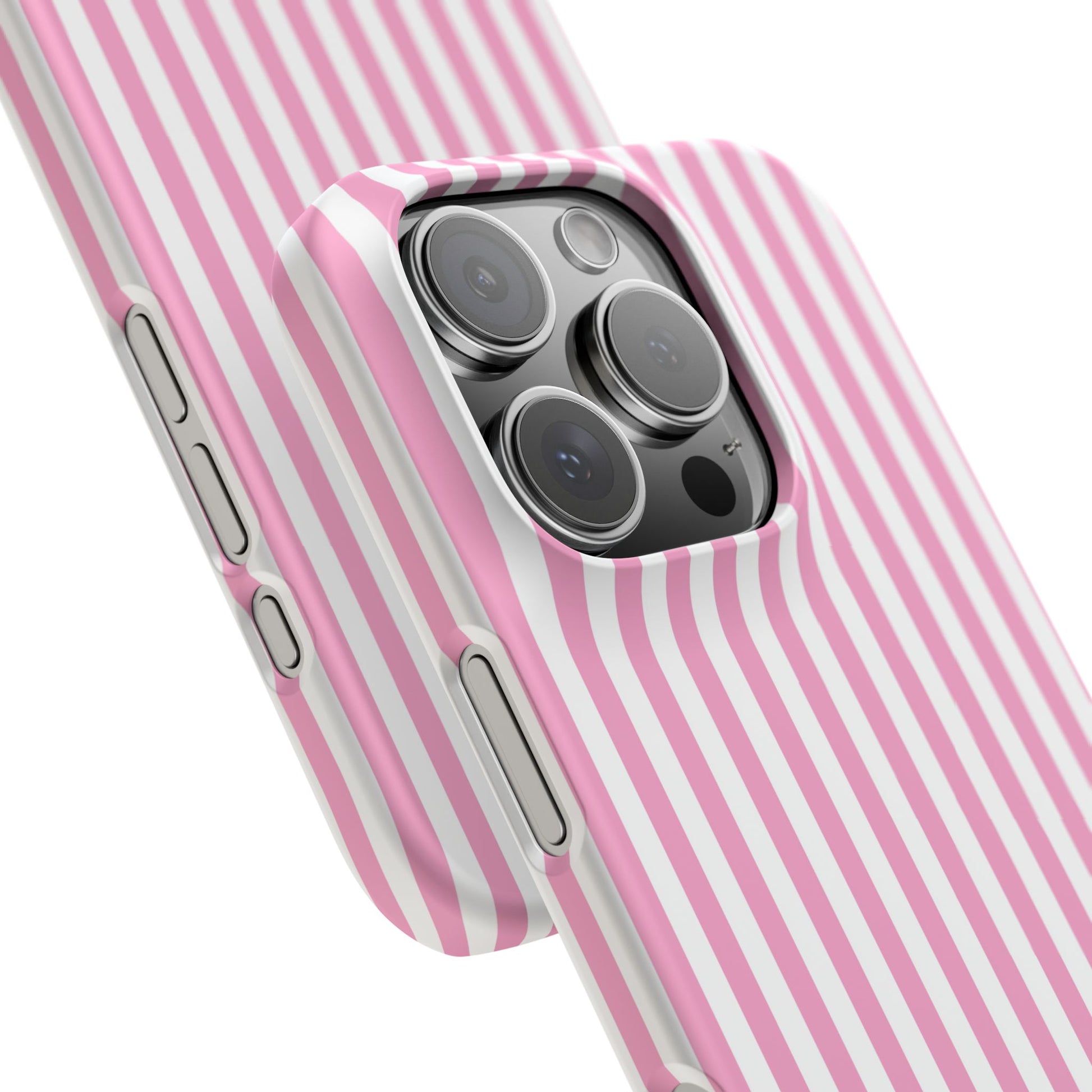iPhone 16 Pro snap phone case close up - Pink Stripes 