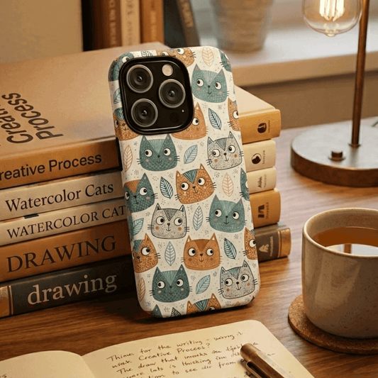 tough phone case with cat pattern on a desk with books and a cup