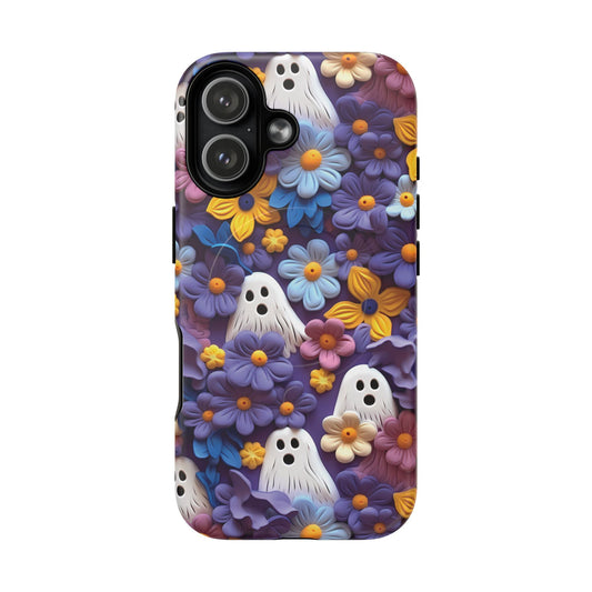 iPhone 17 magnetic phone case featuring 3D clay ghosts and pink spring flowers