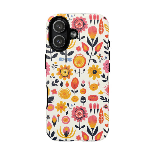 iPhone 17 magnetic phone case with a dense colorful meadow flower print
