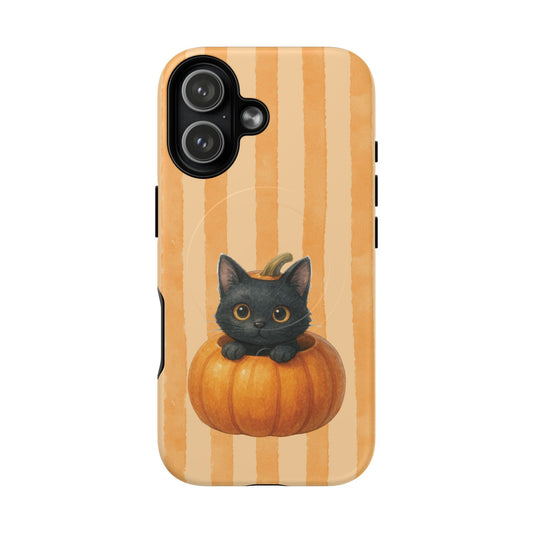 iPhone 17 magnetic phone case featuring a cat in a pumpkin illustration