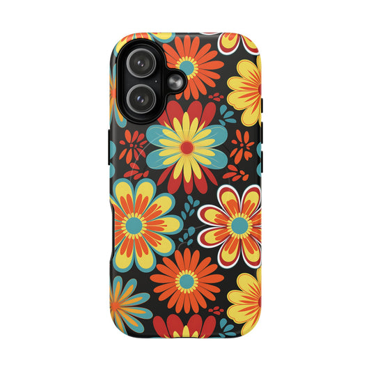 Magnetic phone case with a vibrant orange and turquoise retro print for iPhone 17
