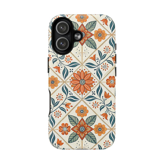 iPhone 17 magnetic phone case with a blue tiled floral motif