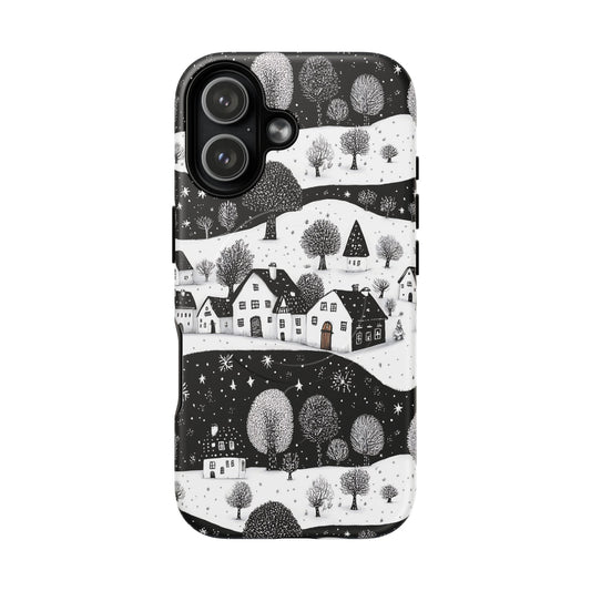 iPhone 17 magnetic case featuring a  snowy cottage and star pattern at night