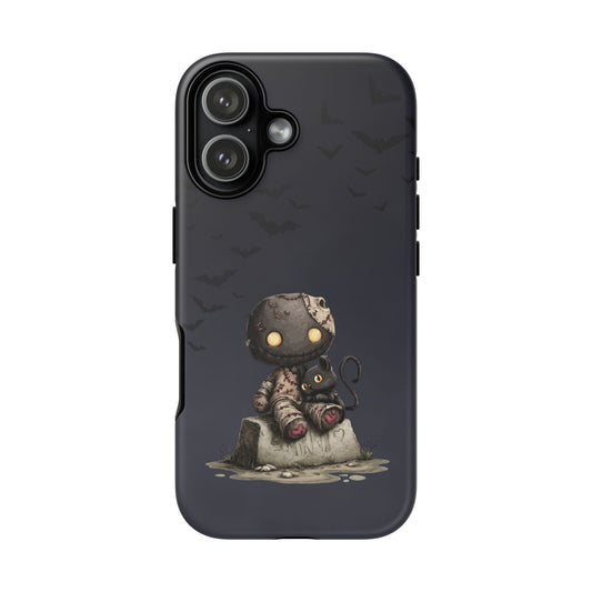 Playful Black Cat Halloween tough case with a kitten leaning side by stitched plush for iPhone 17