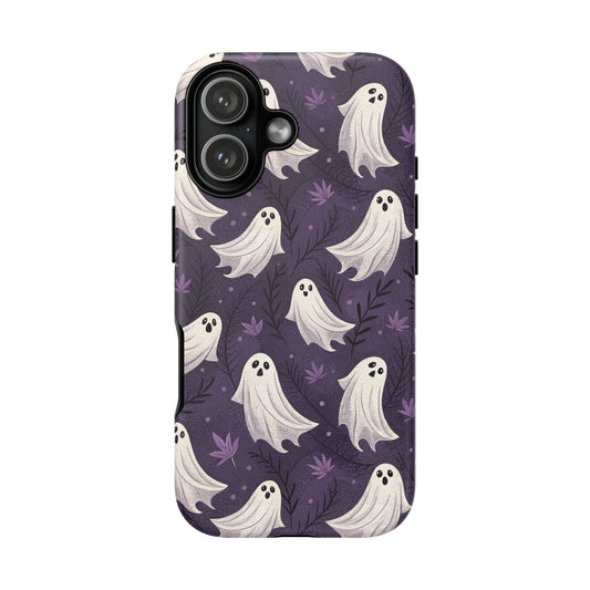 iPhone 17 halloween tough phone case with a dense pattern of cute white flying ghosts