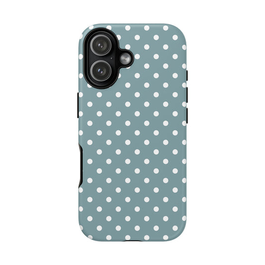 iPhone 17 Dusty Blue Dot tough case with a muted blue polka dot pattern