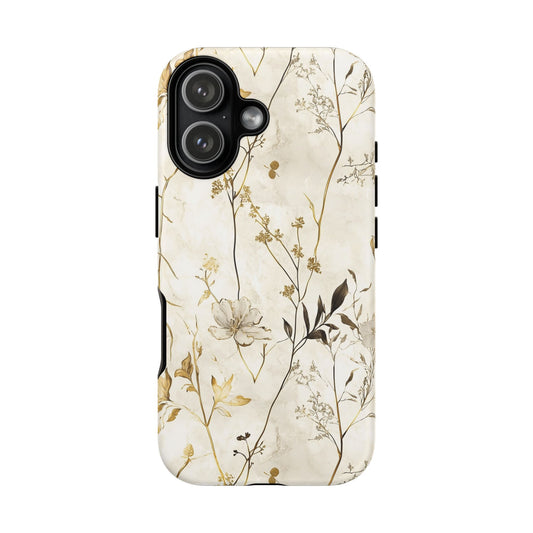 iPhone 17 Botanical Marble tough phone case with white stone and colorful flower art