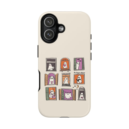 iPhone 17 Spooky Staycation tough case with cute ghosts in a haunted house pattern