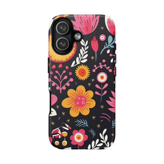 Midnight Botanical tough phone case with vibrant floral art on a black background for iPhone 17