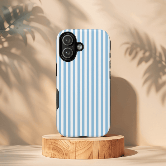 iPhone 17 wireless charging compatible tough case with a bold nautical design on a wooden stand
