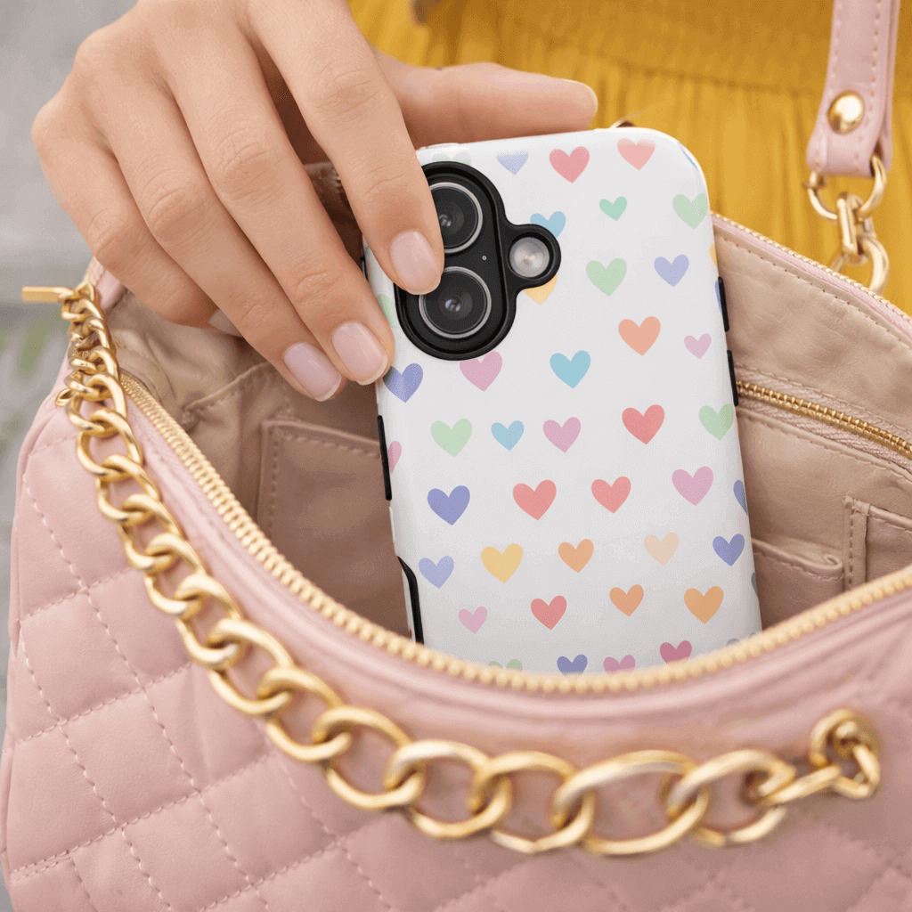 iPhone 17 tough case with heart pattern tough case held by a hand over a pink quilted bag