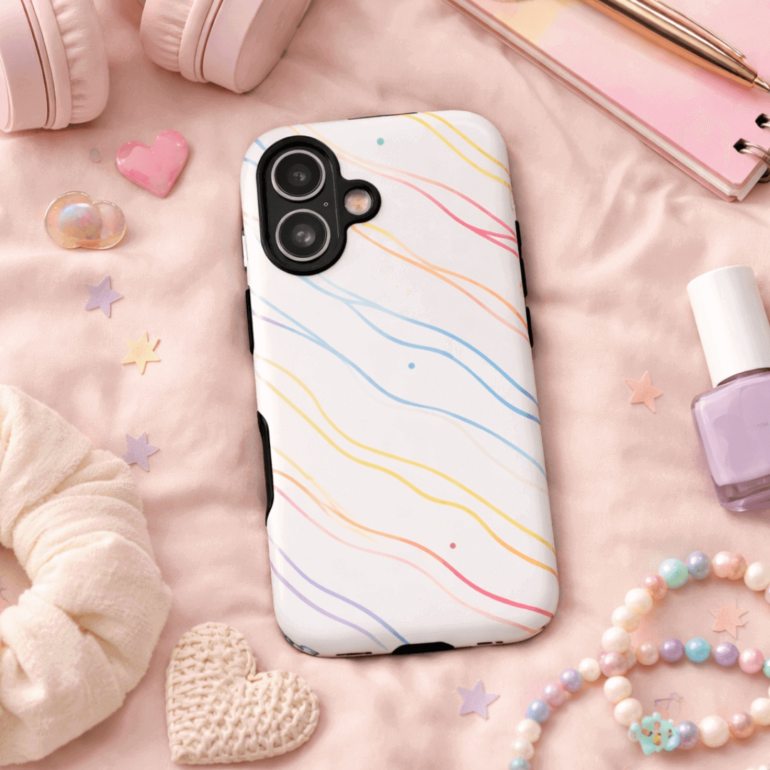 Tough phone case with colorful curve pattern on a pink surface with accessories