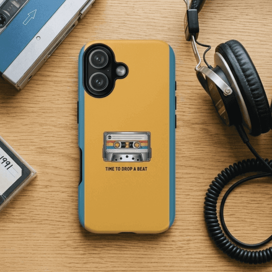 Retro cassette printed tough phone case beside a headphone, cassette and walkman 