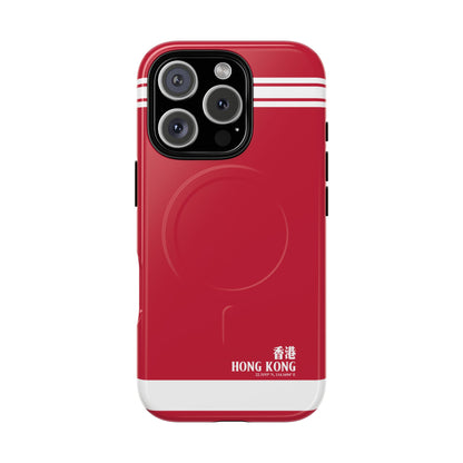 Magnetic iPhone case featuring white stripes and Hong Kong coordinates