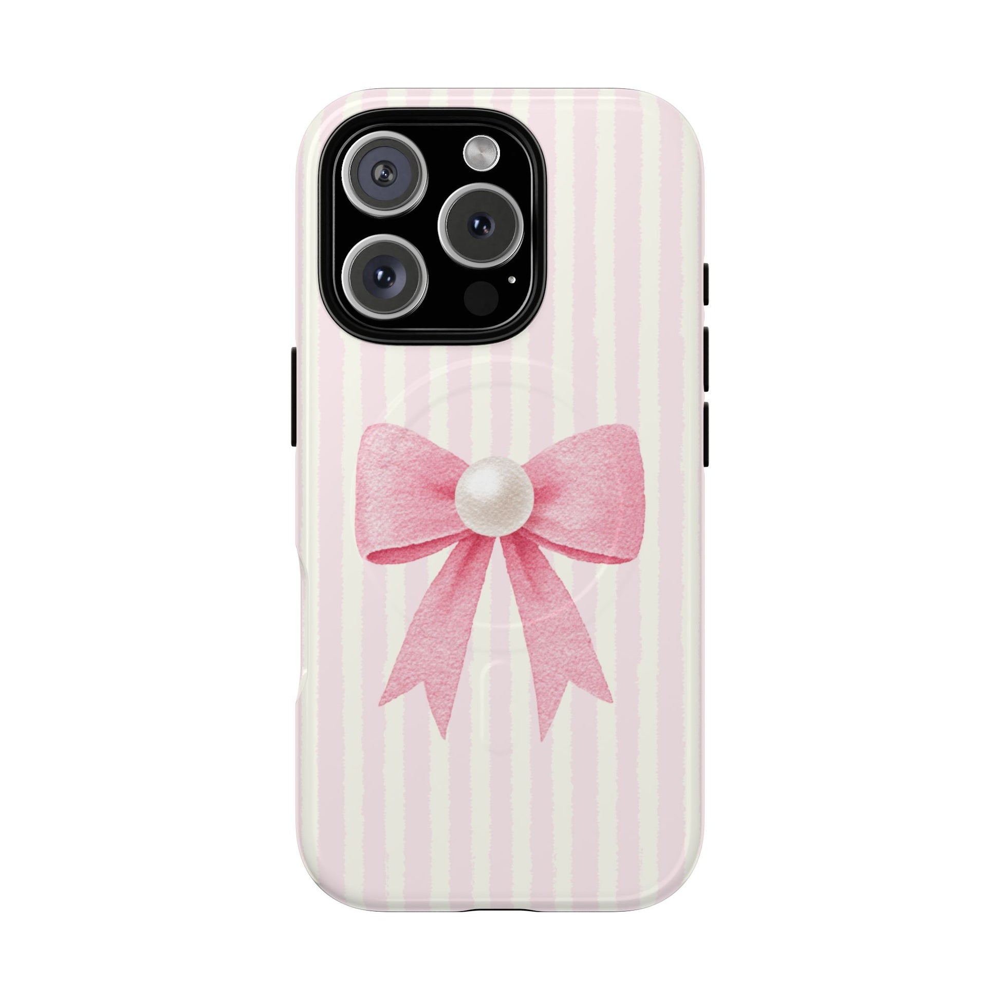 Pink stripe MagSafe phone case with pearl bow